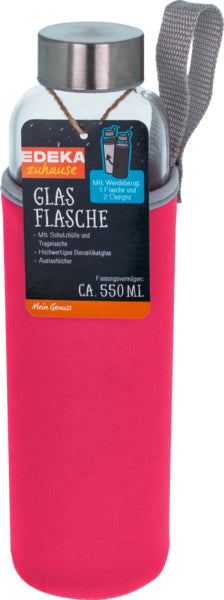 EDEKA zuhause Glas-Trinkflasche mit Neoprenbezug blau/pink