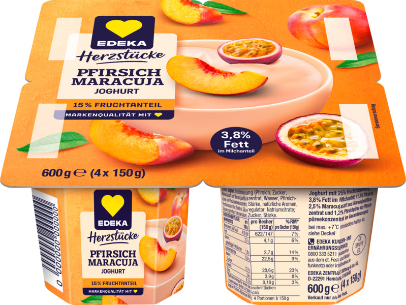 EDEKA Herzstücke Fruchtjoghurt Pfirsich-Maracuja 3,8% 4x150g