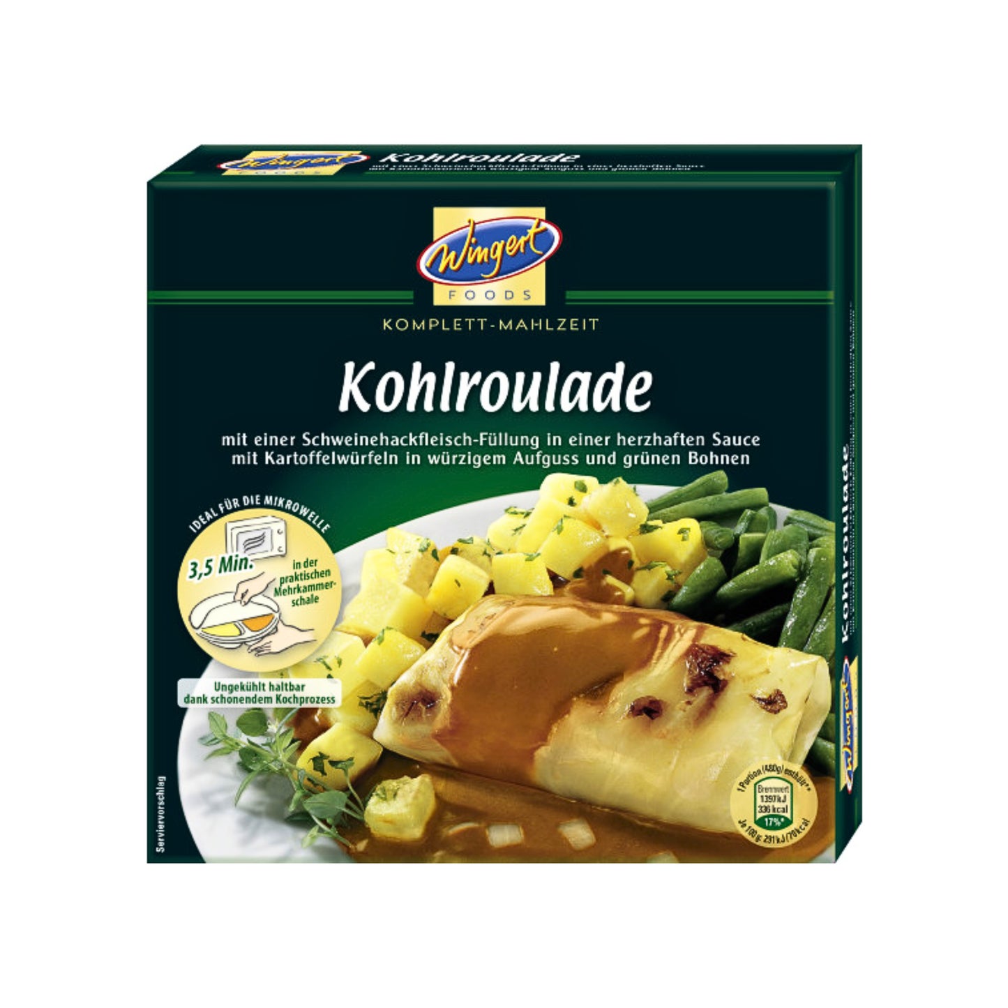 Wingert Foods Kohlroulade in feinwürziger Sauce mit Kartoffelwürfeln und grünen Bohnen 480g