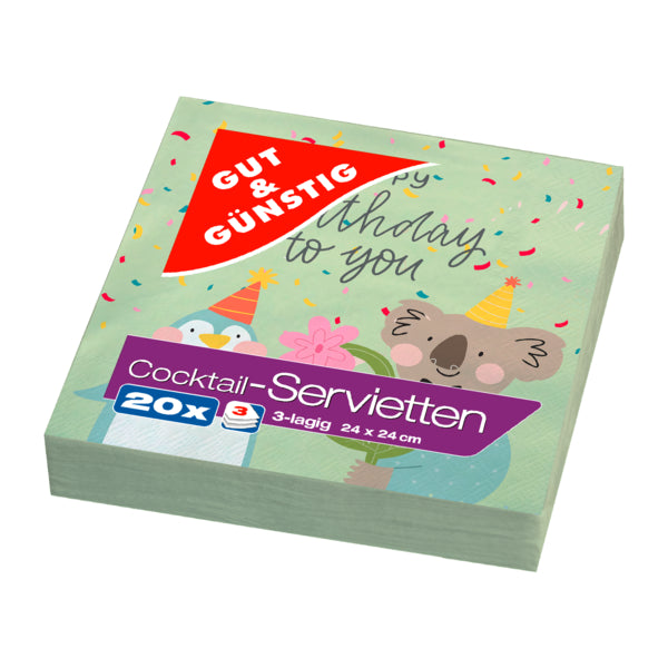 GUT&GÜNSTIG Cocktailservietten Happy Birthday Tiere 3-lagig 24x24cm 20ST
