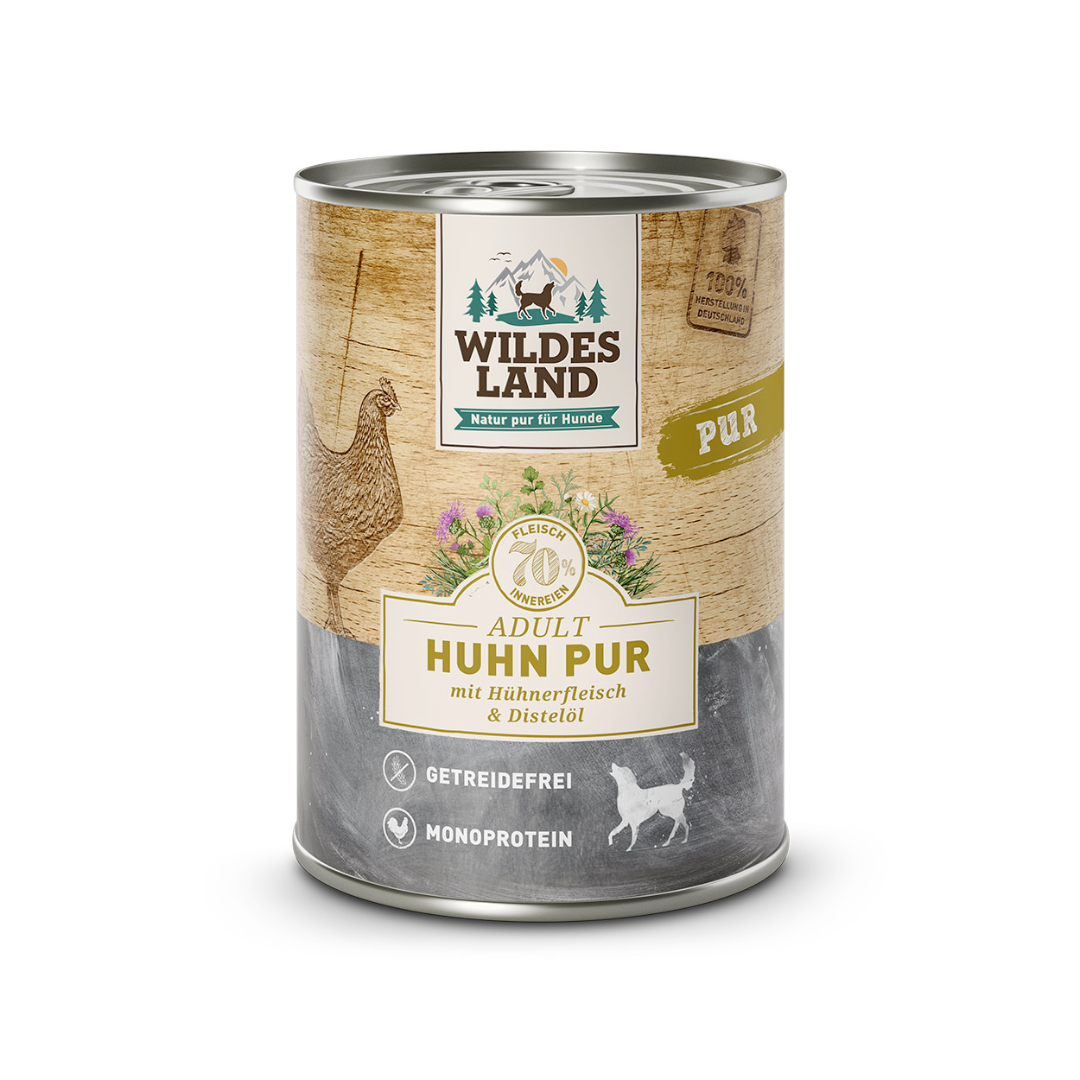 Wildes Land Hund Nassfutter Huhn Pur mit Distelöl 400g