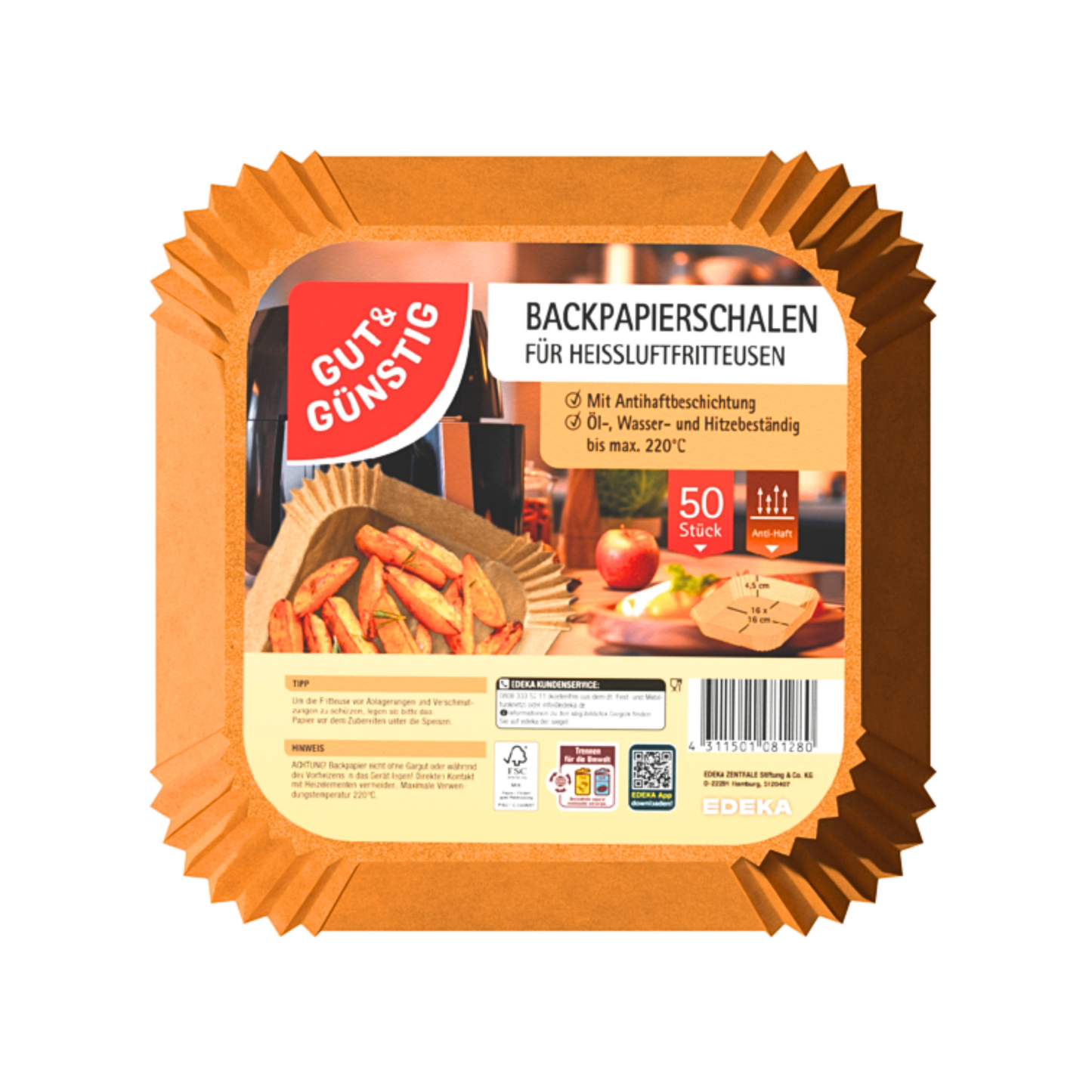 GUT&GÜNSTIG Backpapierschale für Heißluftfritteuse 16x16cm 50ST