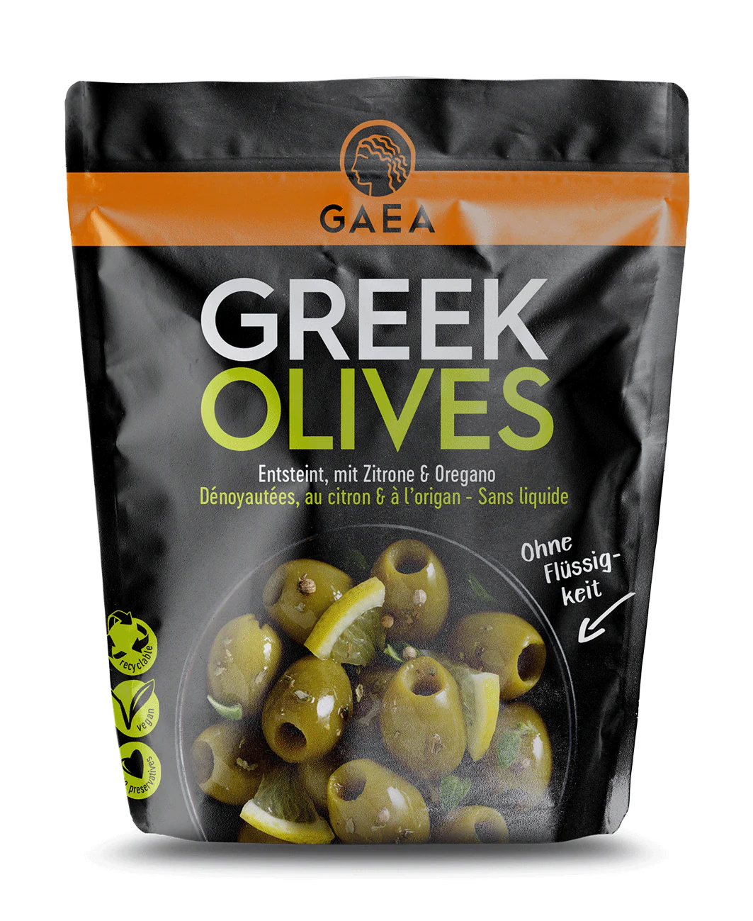 Gaea grüne Oliven ohne Stein Zitrone Basilikum 150g