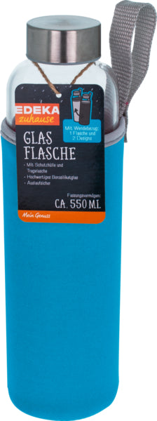 EDEKA zuhause Glas-Trinkflasche mit Neoprenbezug blau/grau
