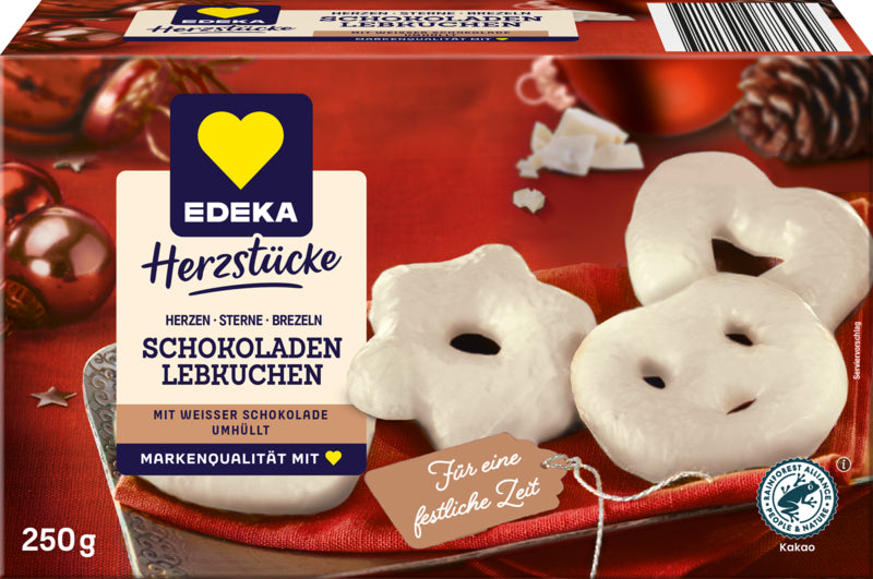 EDEKA Herzstücke Schokoladenlebkuchen weiß Herzen Sterne Brezeln 250g