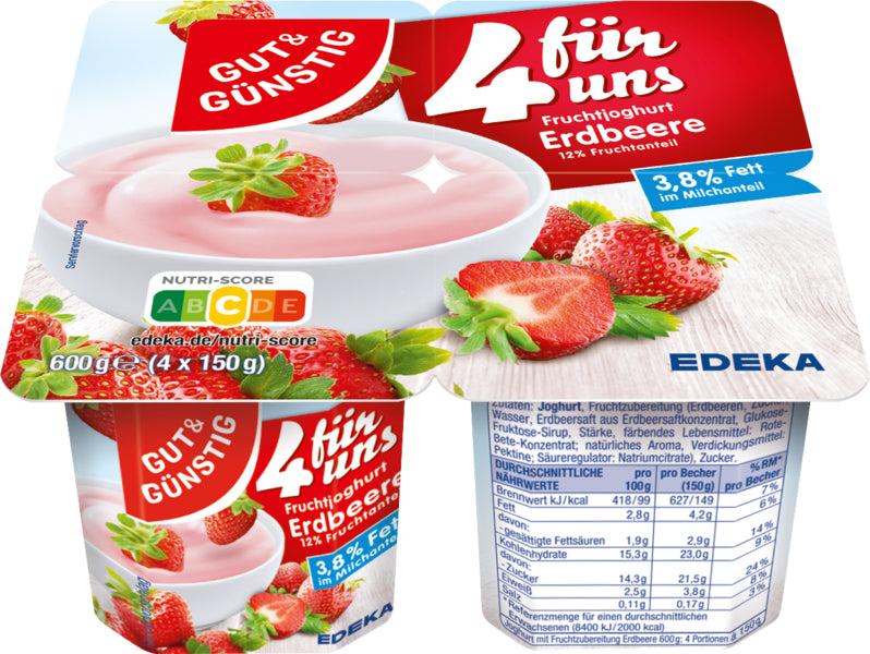 GUT&GÜNSTIG Fruchtjoghurt Erdbeer 3,8% 4x150g