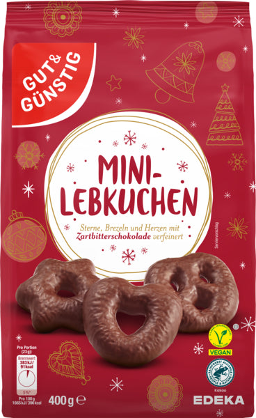 GUT&GÜNSTIG Mini Schokoladen Lebkuchen Herzen Sterne Brezel Zartbitter 400g