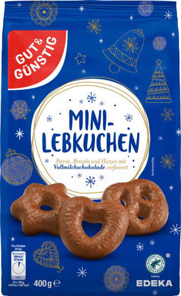 GUT&GÜNSTIG Mini Schokoladen Lebkuchen Herzen Sterne Brezel Vollmilch 400g