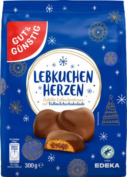 GUT&GÜNSTIG Gefüllte Lebkuchenherzen Vollmilch 300g