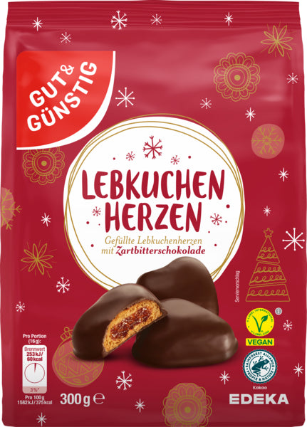 GUT&GÜNSTIG Gefüllte Lebkuchenherzen Zartbitter 300g