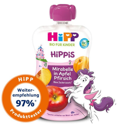 Bio Hipp Hippis Mirabelle in Apfel-Pfirsich ohne Zuckerzusatz ab 1 Jahr 100g foodpipe [Lebensmittel-Lieferservice Rostock]