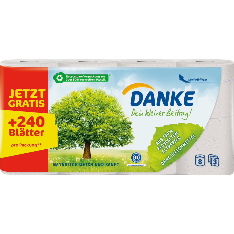 Danke Toilettenpapier 3-lagig 8x150BL foodpipe [Lebensmittel-Lieferservice Rostock]