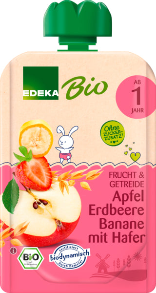 Demeter EDEKA Apfel Erdbeere Banane mit Hafer ab 1.Jahr 100g foodpipe [Lebensmittel-Lieferservice Rostock]