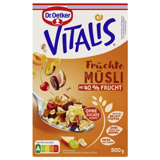 Dr.Oetker Vitalis Früchtemüsli ohne Zuckerzusatz 500g foodpipe [Lebensmittel-Lieferservice Rostock]