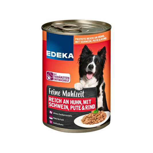 EDEKA Feine Mahlzeit Hund Reich an Huhn mit Schwein, Rind und Pute 400g foodpipe [Lebensmittel-Lieferservice Rostock]