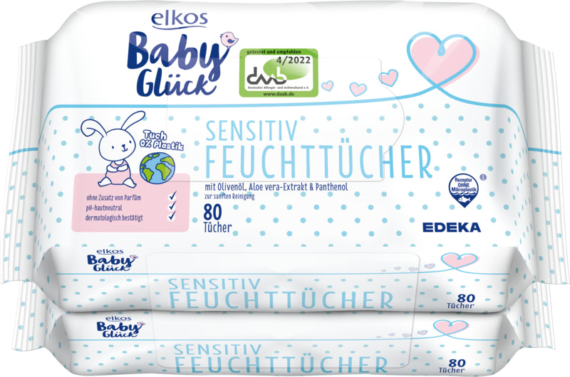 EDEKA elkos Baby Glück Babytücher Sensitive 2x80ST foodpipe [Lebensmittel-Lieferservice Rostock]