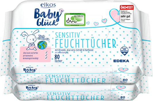 EDEKA elkos Baby Glück Babytücher Sensitive 2x80ST foodpipe [Lebensmittel-Lieferservice Rostock]