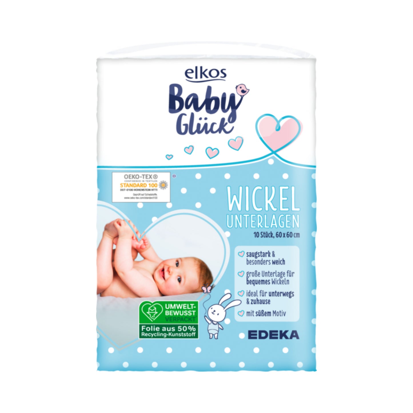 EDEKA elkos Babyglück Wickelunterlagen 60x60cm 10ST foodpipe [Lebensmittel-Lieferservice Rostock]