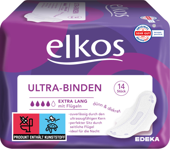 EDEKA elkos Women Ultra Binden Extra Lang mit Flügel 14ST foodpipe [Lebensmittel-Lieferservice Rostock]