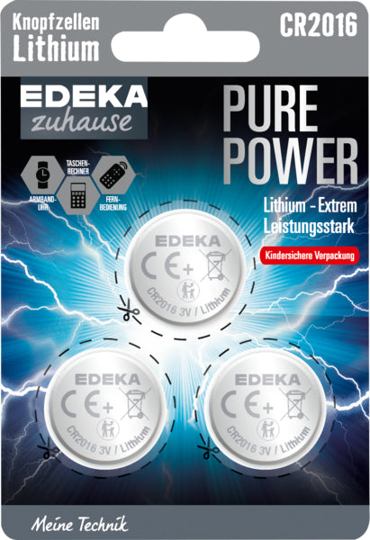 EDEKA zuhause Pure Power Lithium Knopfzelle CR2016 3ST foodpipe [Lebensmittel-Lieferservice Rostock]