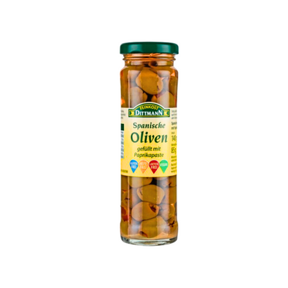 Feinkost Dittmann Oliven gefüllt mit Paprika Paste 140g foodpipe [Lebensmittel-Lieferservice Rostock]