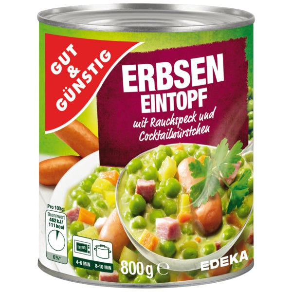 GUT&GÜNSTIG Erbseneintopf mit Rauchspeck und Cocktailwürstchen 800g foodpipe [Lebensmittel-Lieferservice Rostock]