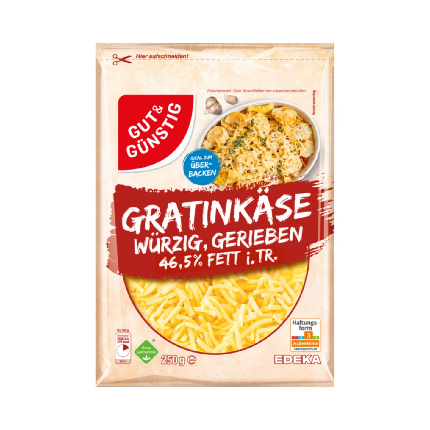 GUT&GÜNSTIG Gratinkäse würzig gerieben 46,5% 250g VLOG foodpipe [Lebensmittel-Lieferservice Rostock]