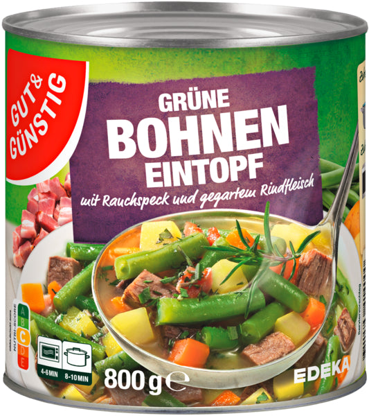 GUT&GÜNSTIG Grüne Bohnen Eintopf mit Rauchspeck und Rindfleisch 800g foodpipe [Lebensmittel-Lieferservice Rostock]