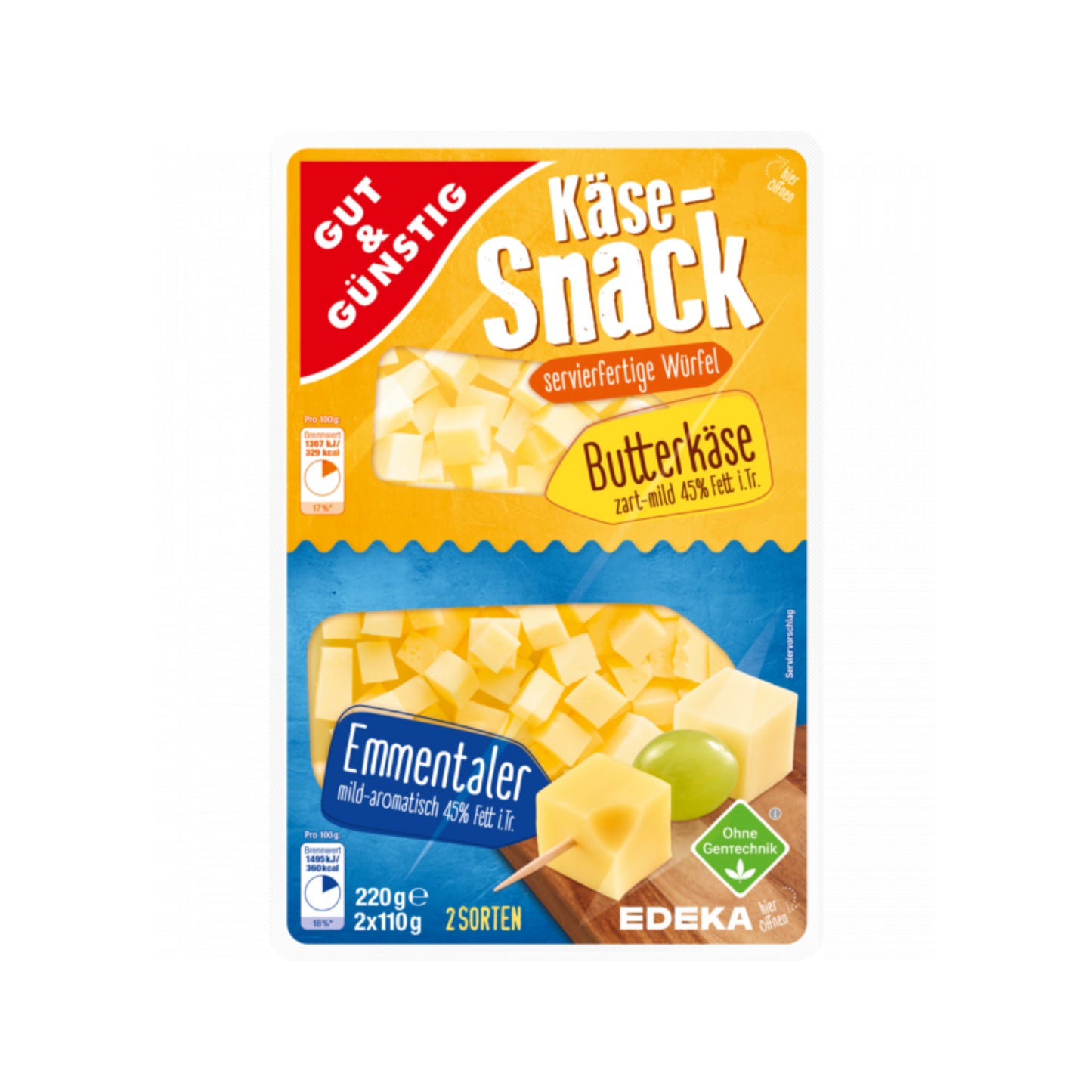 GUT&GÜNSTIG Käse Snack Butterkäse-Emmentaler 45% 2x110g VLOG foodpipe [Lebensmittel-Lieferservice Rostock]