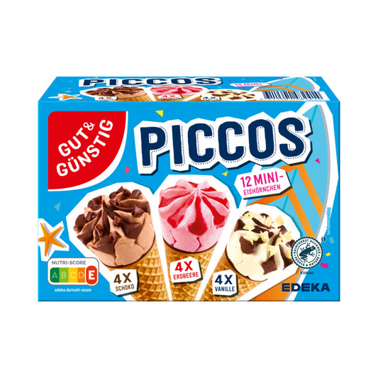 GUT&GÜNSTIG Piccos Mini-Eis-Hörnchen Vanille Erdbeer Schoko 12x28ml foodpipe [Lebensmittel-Lieferservice Rostock]