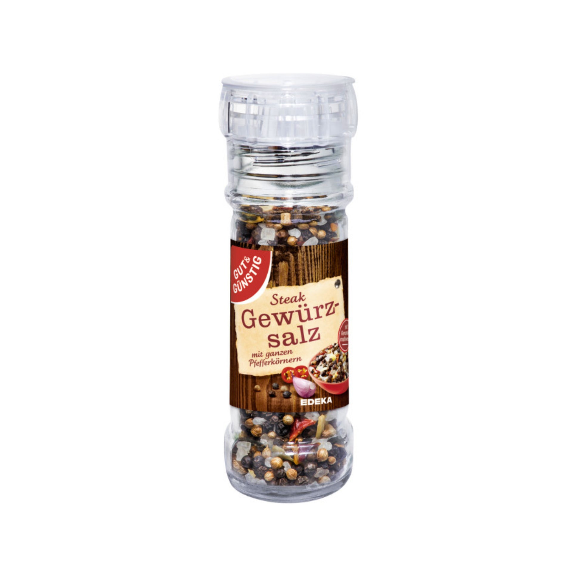 GUT&GÜNSTIG Steak Gewürzsalz mit ganzen Pfefferkörner mit verstellbarer Einweg Mühle 60g foodpipe [Lebensmittel-Lieferservice Rostock]