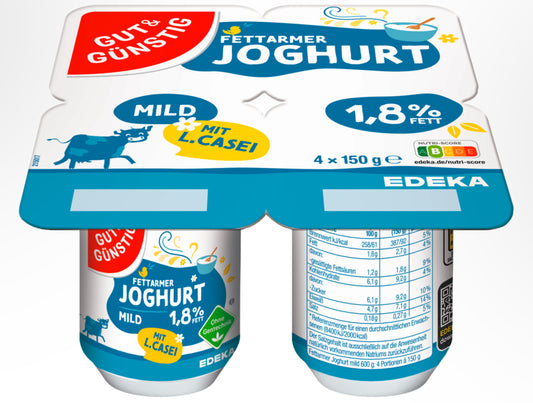 GUT&GÜNSTIG fettarmer Joghurt mit L.casei 1,8% 4x150g VLOG foodpipe [Lebensmittel-Lieferservice Rostock]