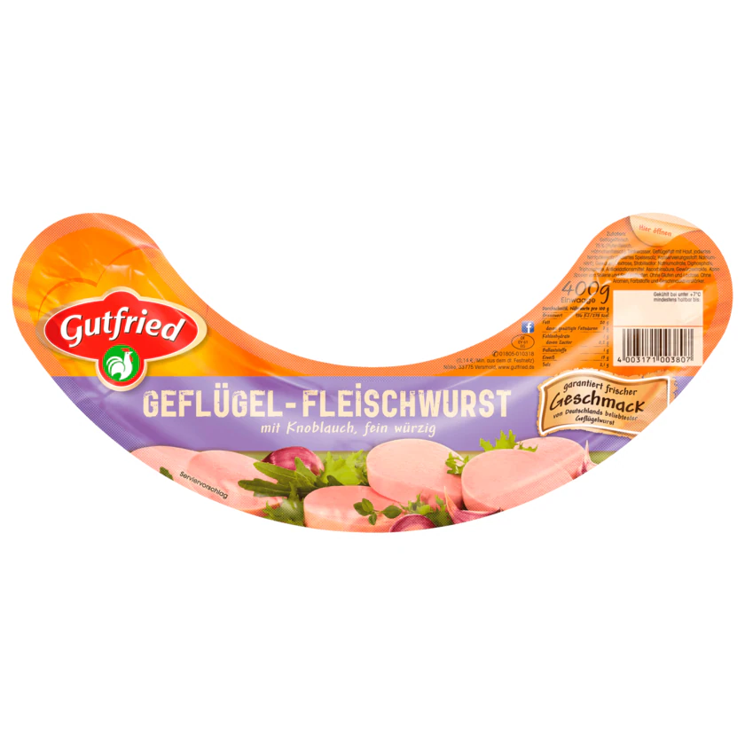 Gutfried Geflügel Fleischwurst mit Knoblauch 400g foodpipe [Lebensmittel-Lieferservice Rostock]