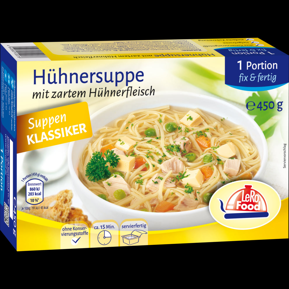 LeRo Food Hühnersuppe mit Zartem Hühnerfleisch 450g foodpipe [Lebensmittel-Lieferservice Rostock]