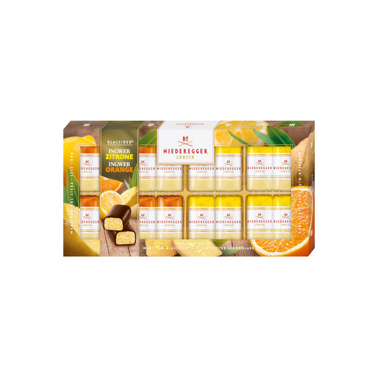 Niederegger Marzipan Klassiker Duo Ingwer-Orange und Ingwer-Zitrone in Zartbitter-Schokolade 200g
