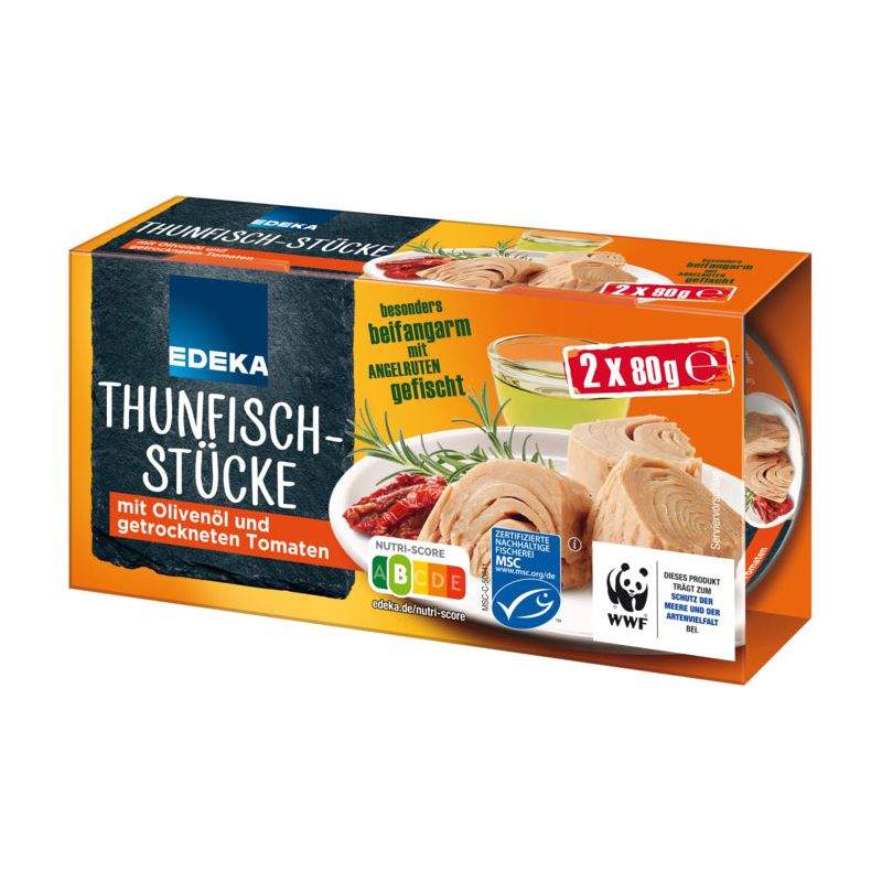 MSC EDEKA Thunfischstücke in Olivenöl mit getrockneten Tomaten 2x80g foodpipe [Lebensmittel-Lieferservice Rostock]