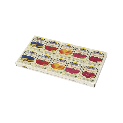 Mühlhäuser Pflaumenmus, Erdbeere, Sauerkirsch, Aprikose, Pfirsich-Maracuja Konfitüre Extra 5-fach 10x25g foodpipe [Lebensmittel-Lieferservice Rostock]