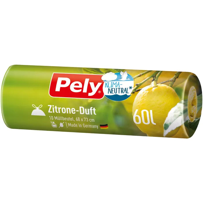 Pely Klima-Neutral Müllbeutel Zugband Duft Zitrone 60l 10ST foodpipe [Lebensmittel-Lieferservice Rostock]