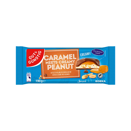 GUT&GÜNSTIG Caramel meets creamy Peanut gefüllte Vollmilchschokolade mit Erdnusscreme und Karamell 190g