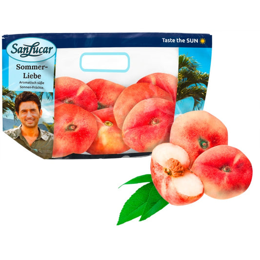San Lucar Plattpfirsiche weiß Spanien Klasse I 600g Tragetasche